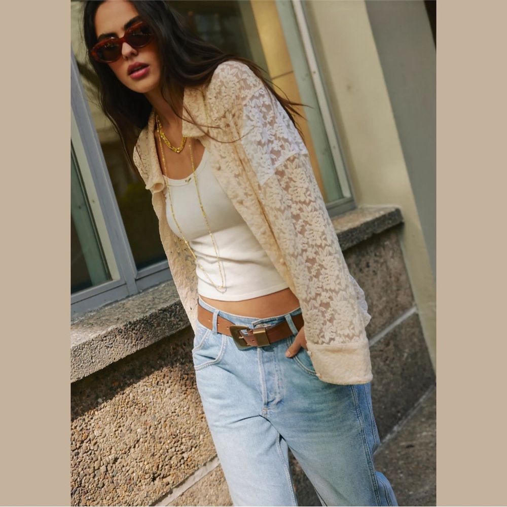 Lace Button Up Collared Blouse Long Sleeve Top Medium by SELF ESTEEM